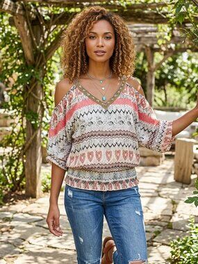 Madison Paige Southwestern Semi Sheer Beaded  neckline retro Top Medium